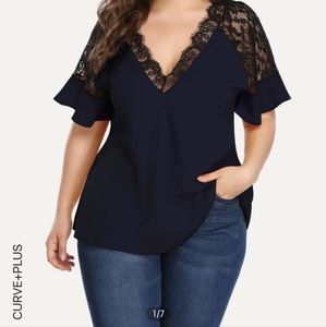 Plus Contrast Lace Flounce Sleeve Blouse